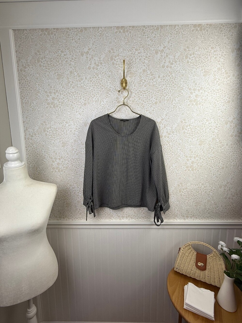 FRNCH Navy and Cream Gingham Long Sleeve Tie Cuff Blouse - Size - S/M